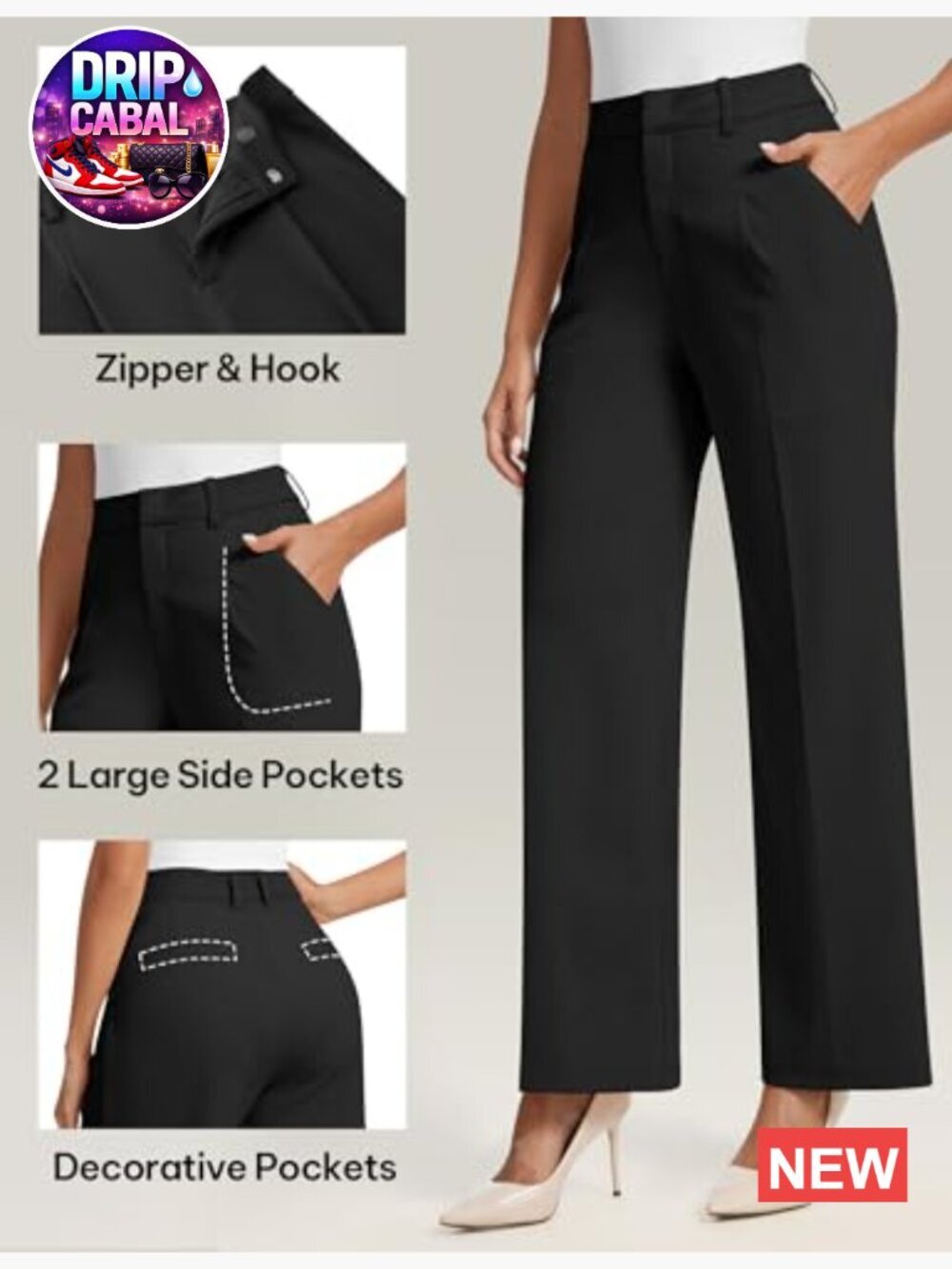 Polyester Blend Wide Leg Dress Pants High Waisted Work Trousers with Pockets - Picture 4 of 7